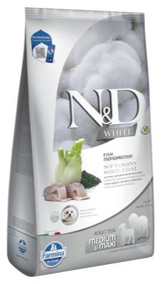 Farmina N&D White Adult Trockenfutter – mit Wolfsbarsch, Spirulina & Fenchel. Speziell für weiße Hunderassen.