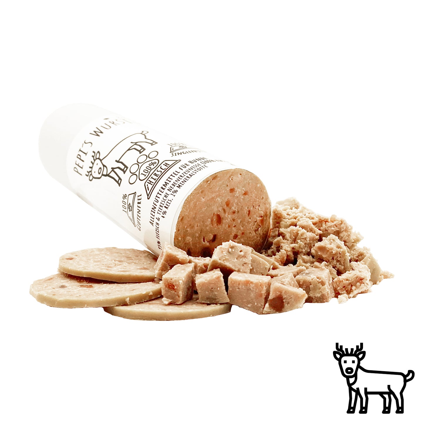 Pepis Wurst: Alleinfuttermittel für Hunde mit 95% Hirschfleisch als Single-Proteinquelle, glutenfrei und hypoallergen, ideal für Training und tägliche Fütterung.