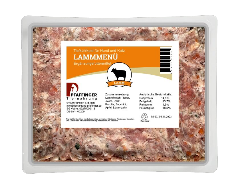 Pfaffinger BARF Lamm-/Schafmenü – Mit Fleisch, Innereien, Karotten, Zucchini & Apfel. Natürlich, ausgewogen & ohne Zusätze.