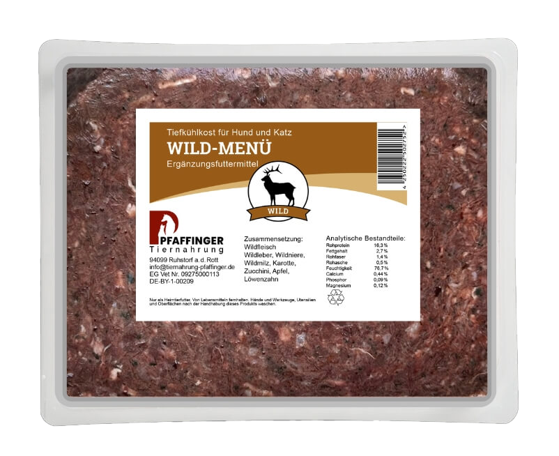 Pfaffinger BARF Wildmenü – Mit Wildfleisch, Leber, Niere, Karotten, Zucchini & Apfel. Hoher Fleischanteil, keine Zusätze.