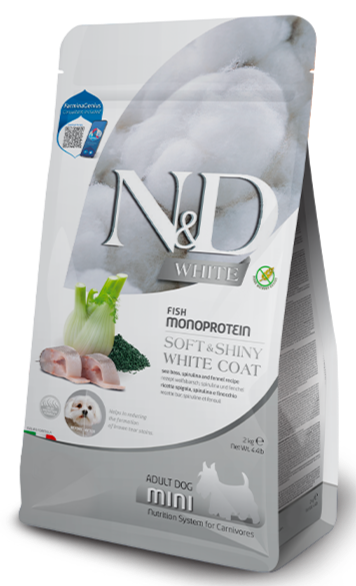 Farmina N&D White Adult Trockenfutter – mit Wolfsbarsch, Spirulina & Fenchel. Speziell für weiße Hunderassen.