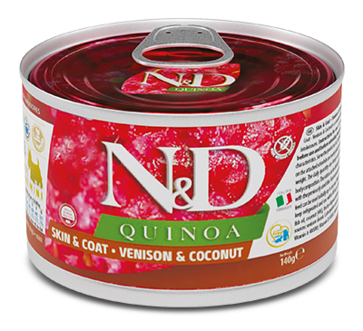 Farmina N&D Quinoa Skin & Coat Nassfutter – mit Hirsch, Kokos, Quinoa & Fischöl. Für empfindliche Hunde & gesunde Haut.