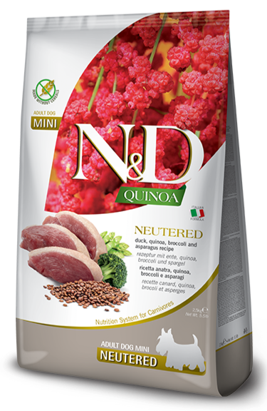 Farmina N&D Quinoa Neutered Trockenfutter – mit Ente, Quinoa, Brokkoli & Spargel. Kalorienreduzierte Ernährung für kastrierte Hunde.“