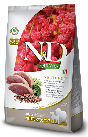 Farmina N&D Quinoa Neutered Trockenfutter – mit Ente, Quinoa, Brokkoli & Spargel. Kalorienreduzierte Ernährung für kastrierte Hunde.“