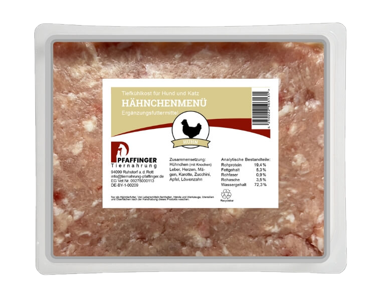 Pfaffinger BARF Huhnmenü – Mit Huhnfleisch & Knochen, Innereien, Karotten, Zucchini & Apfel. Leicht, lecker & ohne Zusätze.