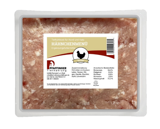 Pfaffinger BARF Huhnmenü – Mit Huhnfleisch & Knochen, Innereien, Karotten, Zucchini & Apfel. Leicht, lecker & ohne Zusätze.