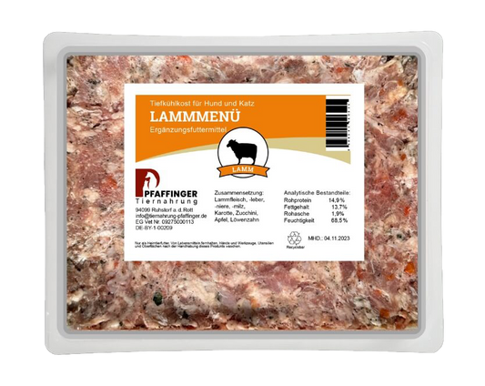 Pfaffinger BARF Lamm-/Schafmenü – Mit Fleisch, Innereien, Karotten, Zucchini & Apfel. Natürlich, ausgewogen & ohne Zusätze.