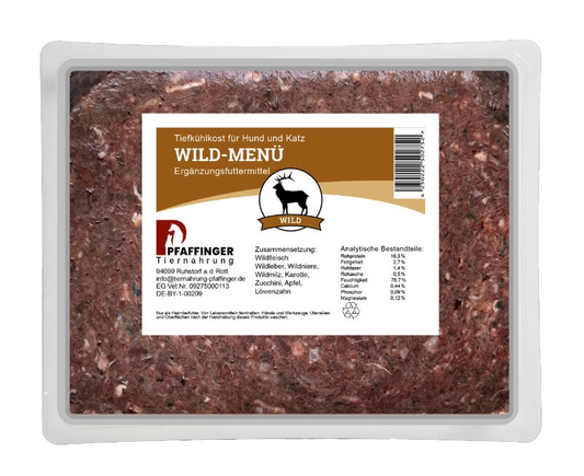 Pfaffinger BARF Wildmenü – Mit Wildfleisch, Leber, Niere, Karotten, Zucchini & Apfel. Hoher Fleischanteil, keine Zusätze.